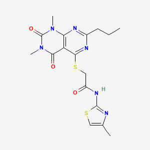 molecular formula C17H20N6O3S2 B2701091 2-((6,8-dimethyl-5,7-dioxo-2-propyl-5,6,7,8-tetrahydropyrimido[4,5-d]pyrimidin-4-yl)thio)-N-(4-methylthiazol-2-yl)acetamide CAS No. 892478-34-1