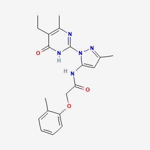 molecular formula C20H23N5O3 B2701103 N-[1-(5-乙基-4-甲基-6-氧代-1,6-二氢嘧啶-2-基)-3-甲基-1H-吡唑-5-基]-2-(2-甲基苯氧基)乙酰胺 CAS No. 1001943-72-1