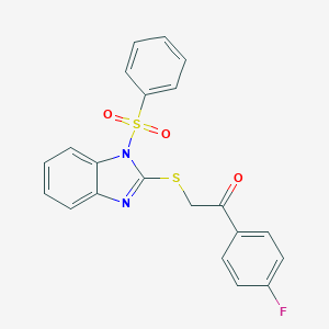 molecular formula C21H15FN2O3S2 B270127 1-(4-fluorophenyl)-2-{[1-(phenylsulfonyl)-1H-benzimidazol-2-yl]sulfanyl}ethanone 