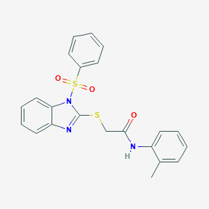 molecular formula C22H19N3O3S2 B270128 N-(2-methylphenyl)-2-{[1-(phenylsulfonyl)-1H-benzimidazol-2-yl]sulfanyl}acetamide 