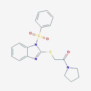 molecular formula C19H19N3O3S2 B270129 2-oxo-2-(1-pyrrolidinyl)ethyl 1-(phenylsulfonyl)-1H-benzimidazol-2-yl sulfide 