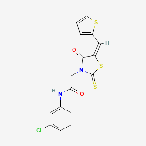 molecular formula C16H11ClN2O2S3 B2701431 (E)-N-(3-chlorophenyl)-2-(4-oxo-5-(thiophen-2-ylmethylene)-2-thioxothiazolidin-3-yl)acetamide CAS No. 637318-32-2
