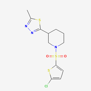 molecular formula C12H14ClN3O2S3 B2701467 2-(1-((5-Chlorothiophen-2-yl)sulfonyl)piperidin-3-yl)-5-methyl-1,3,4-thiadiazole CAS No. 1171435-97-4