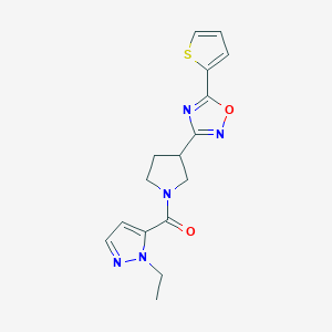 molecular formula C16H17N5O2S B2701518 (1-乙基-1H-吡唑-5-基)(3-(5-(噻吩-2-基)-1,2,4-噁二唑-3-基)吡咯啉-1-基)甲酮 CAS No. 2034350-80-4