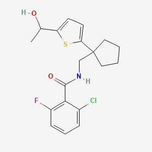 molecular formula C19H21ClFNO2S B2701519 2-chloro-6-fluoro-N-((1-(5-(1-hydroxyethyl)thiophen-2-yl)cyclopentyl)methyl)benzamide CAS No. 2034568-71-1