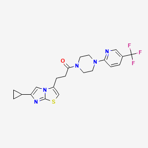 molecular formula C21H22F3N5OS B2701522 3-(6-Cyclopropylimidazo[2,1-b]thiazol-3-yl)-1-(4-(5-(trifluoromethyl)pyridin-2-yl)piperazin-1-yl)propan-1-one CAS No. 1396852-10-0