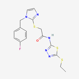 molecular formula C16H16FN5OS3 B2701560 N-(5-ethylsulfanyl-1,3,4-thiadiazol-2-yl)-2-[1-[(4-fluorophenyl)methyl]imidazol-2-yl]sulfanylacetamide CAS No. 896050-84-3