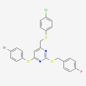 molecular formula C24H17BrClFN2S3 B2701602 4-[(4-bromophenyl)sulfanyl]-6-{[(4-chlorophenyl)sulfanyl]methyl}-2-{[(4-fluorophenyl)methyl]sulfanyl}pyrimidine CAS No. 341965-51-3