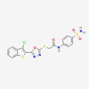 molecular formula C18H13ClN4O4S3 B2701605 2-((5-(3-chlorobenzo[b]thiophen-2-yl)-1,3,4-oxadiazol-2-yl)thio)-N-(4-sulfamoylphenyl)acetamide CAS No. 496028-95-6