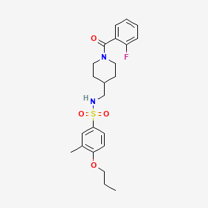 molecular formula C23H29FN2O4S B2701654 N-((1-(2-fluorobenzoyl)piperidin-4-yl)methyl)-3-methyl-4-propoxybenzenesulfonamide CAS No. 1235354-43-4