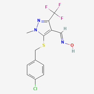 molecular formula C13H11ClF3N3OS B2701680 5-[(4-chlorobenzyl)sulfanyl]-1-methyl-3-(trifluoromethyl)-1H-pyrazole-4-carbaldehyde oxime CAS No. 321553-47-3