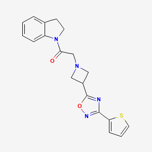 molecular formula C19H18N4O2S B2701730 1-(Indolin-1-yl)-2-(3-(3-(thiophen-2-yl)-1,2,4-oxadiazol-5-yl)azetidin-1-yl)ethanone CAS No. 1327632-09-6