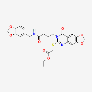 molecular formula C25H25N3O8S B2701769 Ethyl 2-[[7-[4-(1,3-benzodioxol-5-ylmethylamino)-4-oxobutyl]-8-oxo-[1,3]dioxolo[4,5-g]quinazolin-6-yl]sulfanyl]acetate CAS No. 688060-20-0