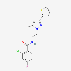 molecular formula C17H15ClFN3OS B2701978 2-chloro-4-fluoro-N-(2-(5-methyl-3-(thiophen-2-yl)-1H-pyrazol-1-yl)ethyl)benzamide CAS No. 2034235-12-4