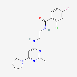 molecular formula C18H21ClFN5O B2701981 2-氯-4-氟-N-(2-((2-甲基-6-(吡咯啉-1-基)嘧啶-4-基)氨基)乙基)苯甲酰胺 CAS No. 1203131-01-4