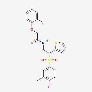 molecular formula C22H22FNO4S2 B2701999 N-(2-((4-fluoro-3-methylphenyl)sulfonyl)-2-(thiophen-2-yl)ethyl)-2-(o-tolyloxy)acetamide CAS No. 946264-72-8