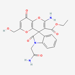 molecular formula C21H19N3O8 B2702082 乙酸2'-氨基-1-(2-氨基-2-氧代乙基)-6'-(羟甲基)-2,8'-二氧代-8'H-螺[吲哚-3,4'-吡喃[3,2-b]吡喃]-3'-羧酸乙酯 CAS No. 884214-94-2