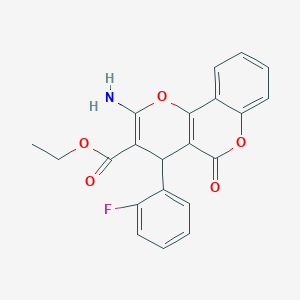 molecular formula C21H16FNO5 B2702159 乙酸2-氨基-4-(2-氟苯基)-5-氧代-4H,5H-吡喃并[3,2-c]咔喱-3-羧酸酯 CAS No. 302904-13-8