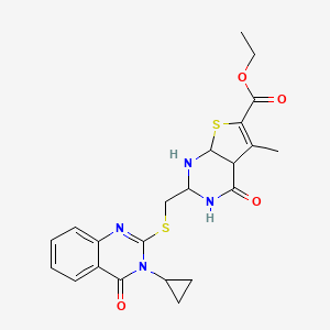 molecular formula C22H20N4O4S2 B2702167 ethyl 2-{[(3-cyclopropyl-4-oxo-3,4-dihydroquinazolin-2-yl)sulfanyl]methyl}-5-methyl-4-oxo-3H,4H-thieno[2,3-d]pyrimidine-6-carboxylate CAS No. 2319849-11-9