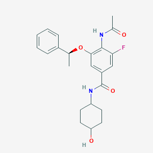 molecular formula C23H27FN2O4 B2702350 4-acetamido-3-fluoranyl-~{N}-(4-oxidanylcyclohexyl)-5-[(1~{S})-1-phenylethoxy]benzamide CAS No. 2474876-09-8