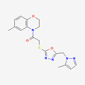 2-((5-((5-methyl-1H-pyrazol-1-yl)methyl)-1,3,4-oxadiazol-2-yl)thio)-1-(6-methyl-2H-benzo[b][1,4]oxazin-4(3H)-yl)ethanone