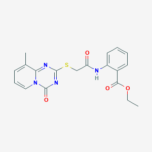 molecular formula C19H18N4O4S B2702398 Ethyl 2-[[2-(9-methyl-4-oxopyrido[1,2-a][1,3,5]triazin-2-yl)sulfanylacetyl]amino]benzoate CAS No. 896341-45-0