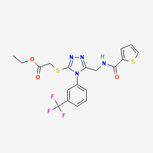 molecular formula C19H17F3N4O3S2 B2702442 Ethyl 2-[[5-[(thiophene-2-carbonylamino)methyl]-4-[3-(trifluoromethyl)phenyl]-1,2,4-triazol-3-yl]sulfanyl]acetate CAS No. 689749-23-3