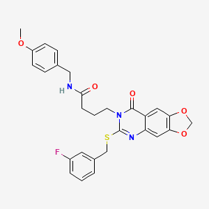 molecular formula C28H26FN3O5S B2702505 4-[6-[(3-fluorophenyl)methylsulfanyl]-8-oxo-[1,3]dioxolo[4,5-g]quinazolin-7-yl]-N-[(4-methoxyphenyl)methyl]butanamide CAS No. 688059-92-9
