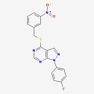 molecular formula C18H12FN5O2S B2702513 1-(4-Fluorophenyl)-4-[(3-nitrophenyl)methylsulfanyl]pyrazolo[3,4-d]pyrimidine CAS No. 872860-10-1