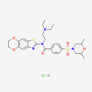 molecular formula C28H37ClN4O6S2 B2702519 N-(2-(二乙基氨基)乙基)-N-(6,7-二氢-[1,4]二氧杂环[2',3':4,5]苯并[1,2-d]噻唑-2-基)-4-((2,6-二甲基吗啉基)磺酰)苯甲酰胺盐酸盐 CAS No. 1321714-22-0