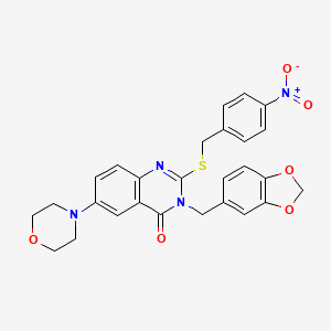 molecular formula C27H24N4O6S B2702544 3-(1,3-Benzodioxol-5-ylmethyl)-6-morpholin-4-yl-2-[(4-nitrophenyl)methylsulfanyl]quinazolin-4-one CAS No. 689772-69-8