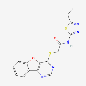 molecular formula C16H13N5O2S2 B2702575 2-(benzofuro[3,2-d]pyrimidin-4-ylthio)-N-(5-ethyl-1,3,4-thiadiazol-2-yl)acetamide CAS No. 851130-15-9