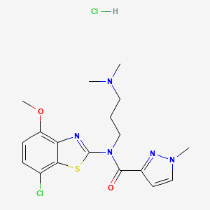 molecular formula C18H23Cl2N5O2S B2702671 N-(7-chloro-4-methoxybenzo[d]thiazol-2-yl)-N-(3-(dimethylamino)propyl)-1-methyl-1H-pyrazole-3-carboxamide hydrochloride CAS No. 1189704-46-8