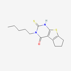 molecular formula C14H18N2OS2 B2702700 11-Pentyl-10-sulfanyl-7-thia-9,11-diazatricyclo[6.4.0.0^{2,6}]dodeca-1(8),2(6),9-trien-12-one CAS No. 727696-13-1