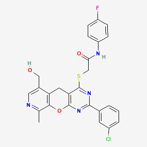 2-((2-(3-chlorophenyl)-6-(hydroxymethyl)-9-methyl-5H-pyrido[4',3':5,6]pyrano[2,3-d]pyrimidin-4-yl)thio)-N-(4-fluorophenyl)acetamide