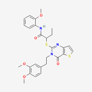 molecular formula C27H29N3O5S2 B2702742 2-((3-(3,4-dimethoxyphenethyl)-4-oxo-3,4-dihydrothieno[3,2-d]pyrimidin-2-yl)thio)-N-(2-methoxyphenyl)butanamide CAS No. 1798490-86-4