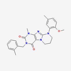 molecular formula C25H27N5O3 B2702755 9-(2-methoxy-5-methylphenyl)-1-methyl-3-(2-methylbenzyl)-6,7,8,9-tetrahydropyrimido[2,1-f]purine-2,4(1H,3H)-dione CAS No. 922460-55-7