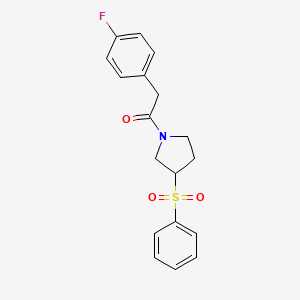 molecular formula C18H18FNO3S B2702808 2-(4-Fluorophenyl)-1-(3-(phenylsulfonyl)pyrrolidin-1-yl)ethanone CAS No. 1706328-36-0