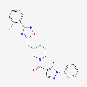 molecular formula C25H24FN5O2 B2702850 (3-((3-(2-fluorophenyl)-1,2,4-oxadiazol-5-yl)methyl)piperidin-1-yl)(5-methyl-1-phenyl-1H-pyrazol-4-yl)methanone CAS No. 1705740-39-1