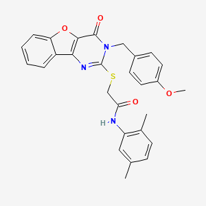 N-(2,5-dimethylphenyl)-2-({5-[(4-methoxyphenyl)methyl]-6-oxo-8-oxa-3,5-diazatricyclo[7.4.0.0^{2,7}]trideca-1(9),2(7),3,10,12-pentaen-4-yl}sulfanyl)acetamide