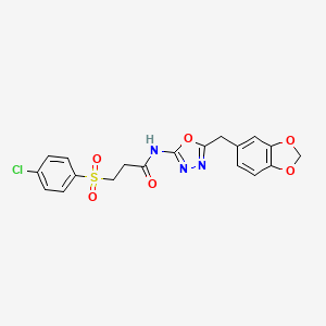 molecular formula C19H16ClN3O6S B2703021 N-(5-(benzo[d][1,3]dioxol-5-ylmethyl)-1,3,4-oxadiazol-2-yl)-3-((4-chlorophenyl)sulfonyl)propanamide CAS No. 922123-43-1