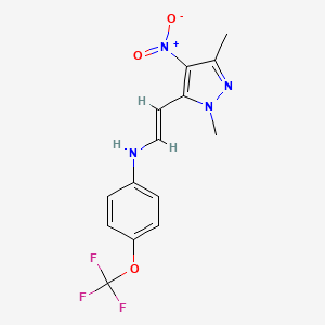 molecular formula C14H13F3N4O3 B2703041 N-[(E)-2-(2,5-dimethyl-4-nitropyrazol-3-yl)ethenyl]-4-(trifluoromethoxy)aniline CAS No. 436100-82-2