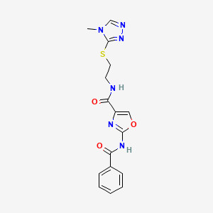 molecular formula C16H16N6O3S B2703114 2-苯甲酰胺-N-(2-((4-甲基-4H-1,2,4-三唑-3-基)硫)乙基)噁唑-4-甲酰胺 CAS No. 1286714-77-9