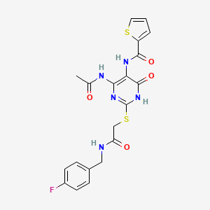 molecular formula C20H18FN5O4S2 B2703324 N-(4-acetamido-2-((2-((4-fluorobenzyl)amino)-2-oxoethyl)thio)-6-oxo-1,6-dihydropyrimidin-5-yl)thiophene-2-carboxamide CAS No. 872608-93-0