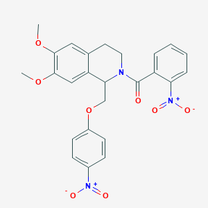 molecular formula C25H23N3O8 B2703357 (6,7-dimethoxy-1-((4-nitrophenoxy)methyl)-3,4-dihydroisoquinolin-2(1H)-yl)(2-nitrophenyl)methanone CAS No. 449766-04-5