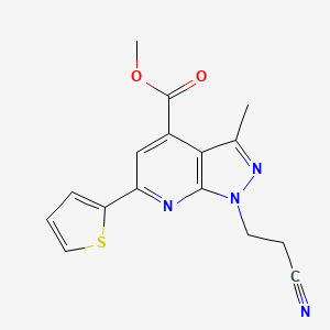 molecular formula C16H14N4O2S B2703380 methyl 1-(2-cyanoethyl)-3-methyl-6-(thiophen-2-yl)-1H-pyrazolo[3,4-b]pyridine-4-carboxylate CAS No. 924424-39-5