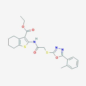 molecular formula C22H23N3O4S2 B270339 Ethyl 2-[({[5-(2-methylphenyl)-1,3,4-oxadiazol-2-yl]sulfanyl}acetyl)amino]-4,5,6,7-tetrahydro-1-benzothiophene-3-carboxylate 