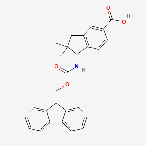 molecular formula C27H25NO4 B2703422 1-(9H-Fluoren-9-ylmethoxycarbonylamino)-2,2-dimethyl-1,3-dihydroindene-5-carboxylic acid CAS No. 2413877-62-8
