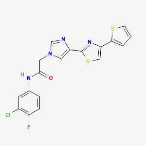 molecular formula C18H12ClFN4OS2 B2703455 N~1~-(3-chloro-4-fluorophenyl)-2-{4-[4-(2-thienyl)-1,3-thiazol-2-yl]-1H-imidazol-1-yl}acetamide CAS No. 1251612-43-7