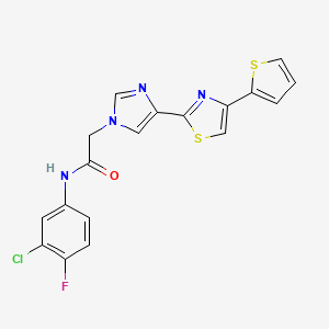 molecular formula C18H12ClFN4OS2 B2703455 N-(3-chloro-4-fluorophenyl)-2-{4-[4-(thiophen-2-yl)-1,3-thiazol-2-yl]-1H-imidazol-1-yl}acetamide CAS No. 1251612-43-7